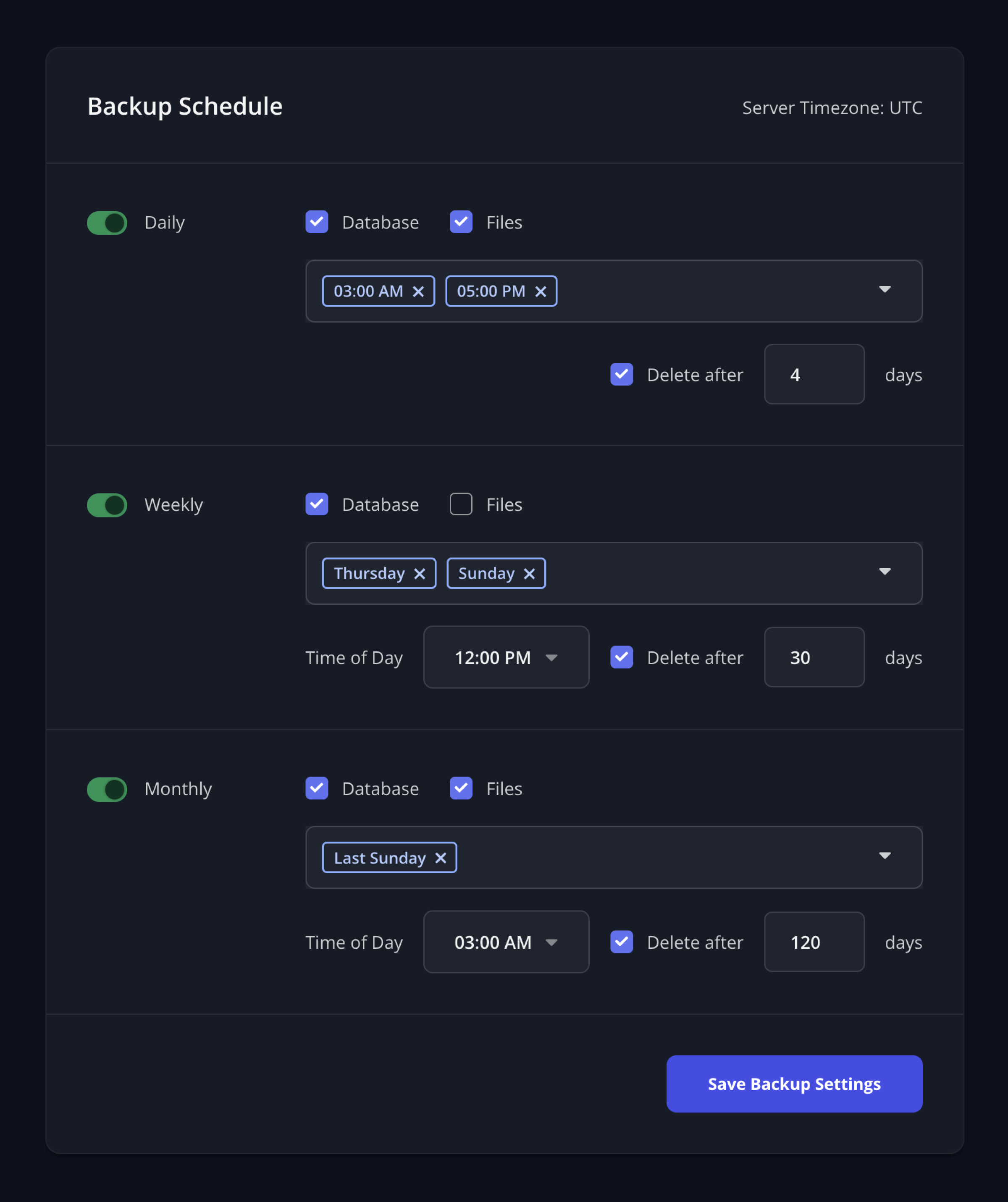 Screenshot of backup schedule settings