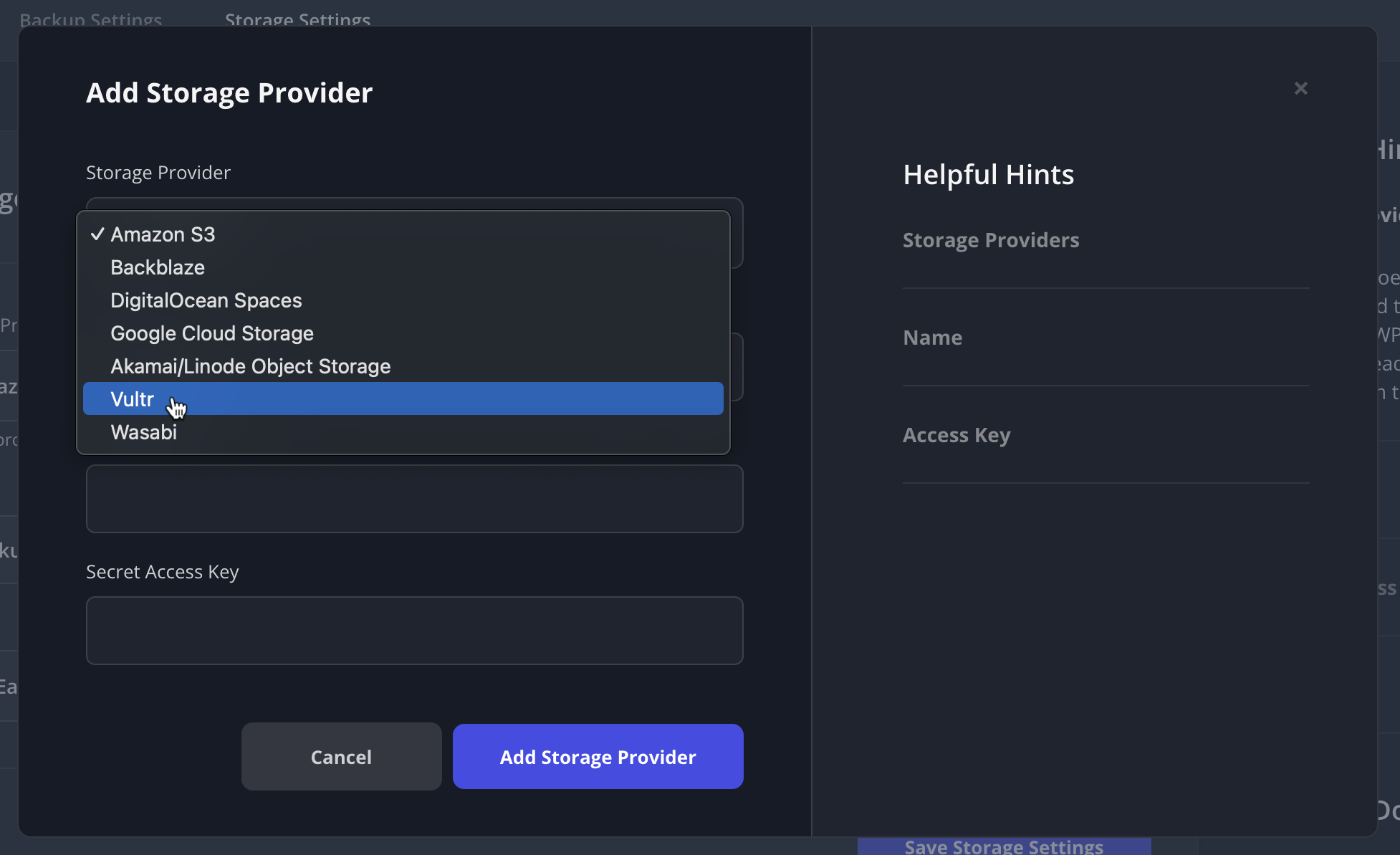 Screenshot of adding Vultr as a backup storage provider in SpinupWP