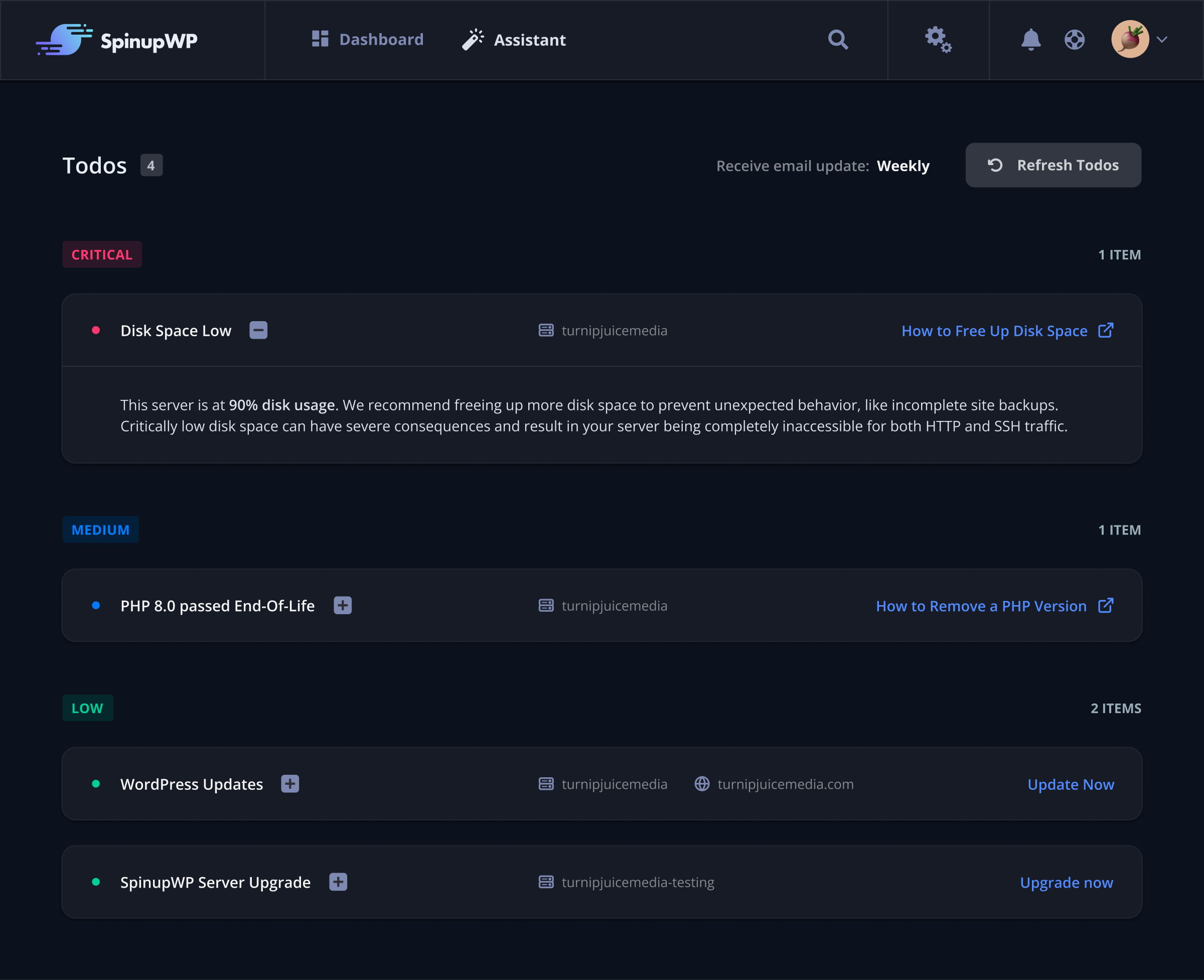 SpinupWP Assistant - Todos screen