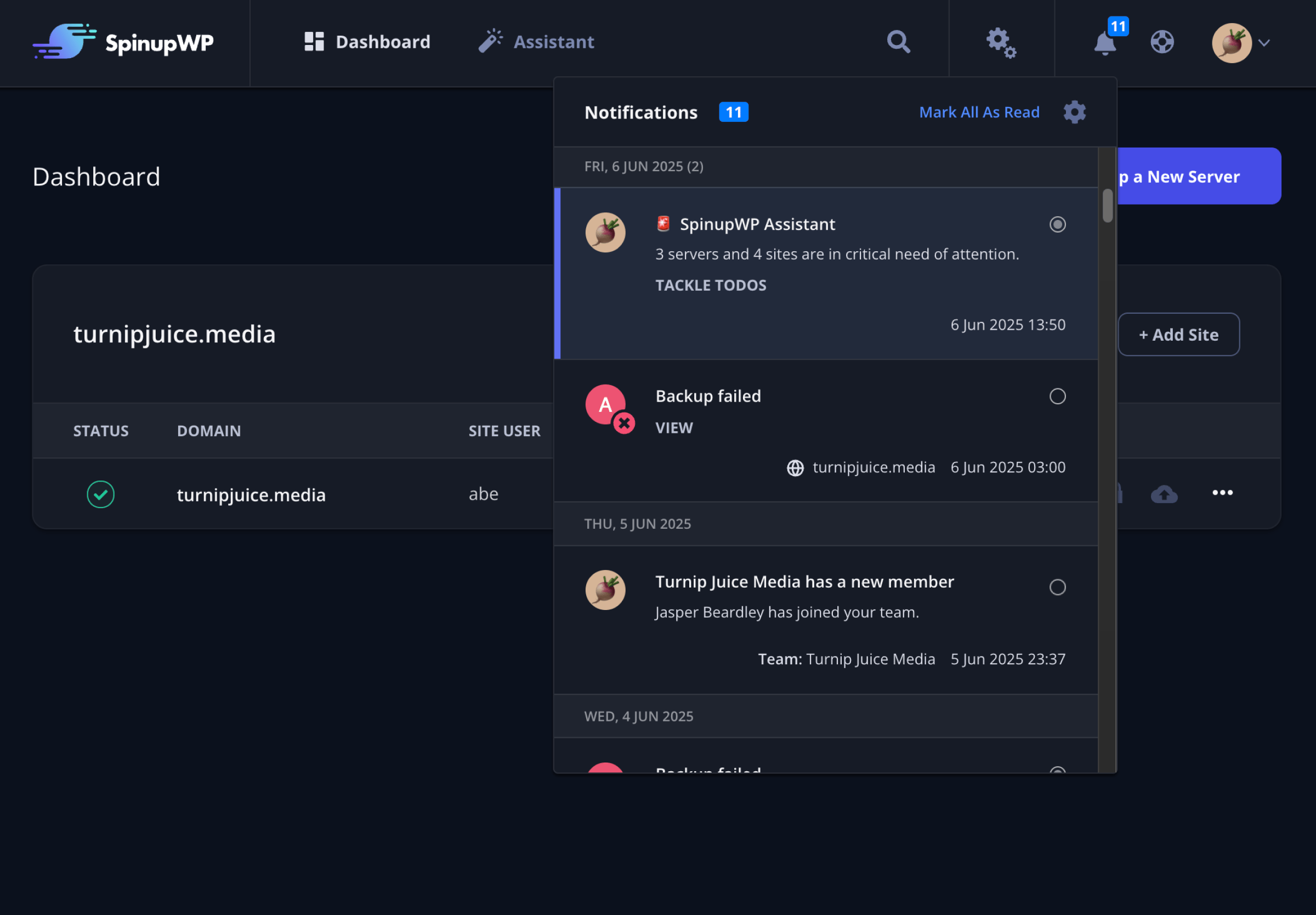 SpinupWP Assistant - In-app notification