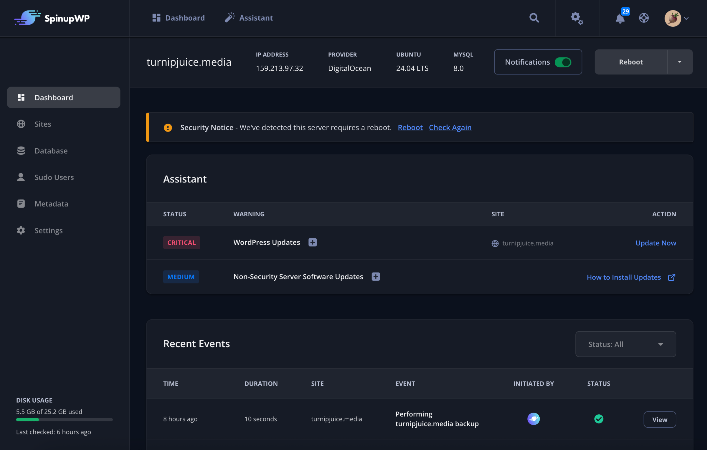 SpinupWP Assistant - Todos on server dashboard