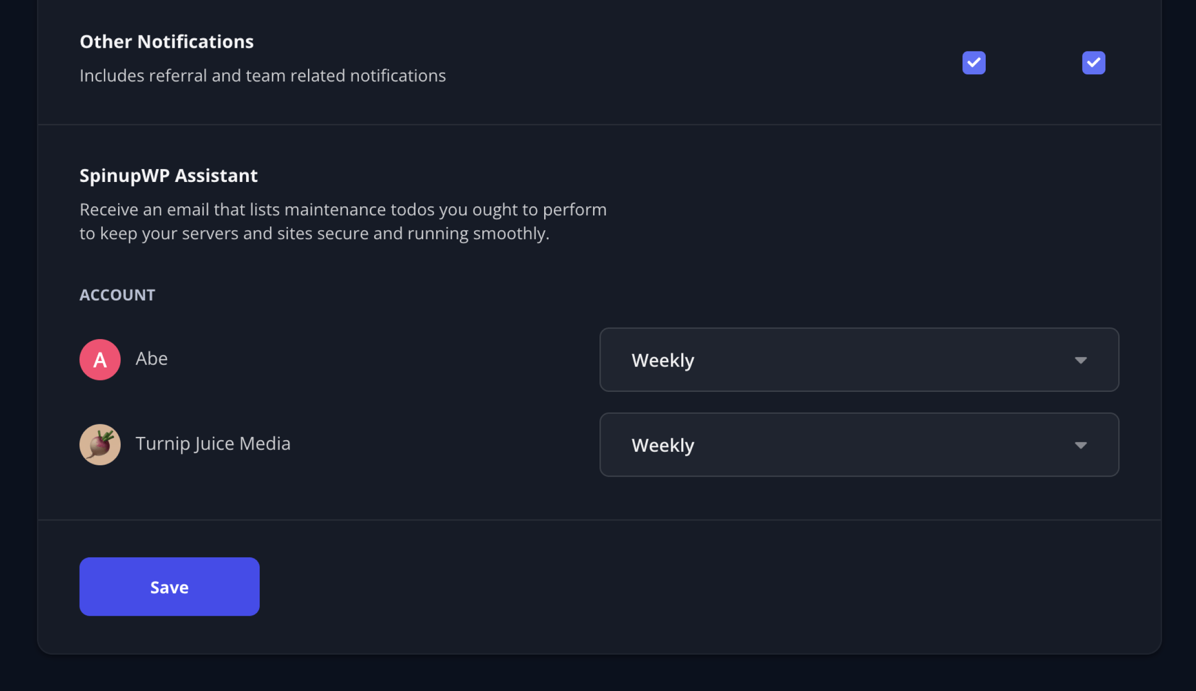 SpinupWP Assistant - Notification settings