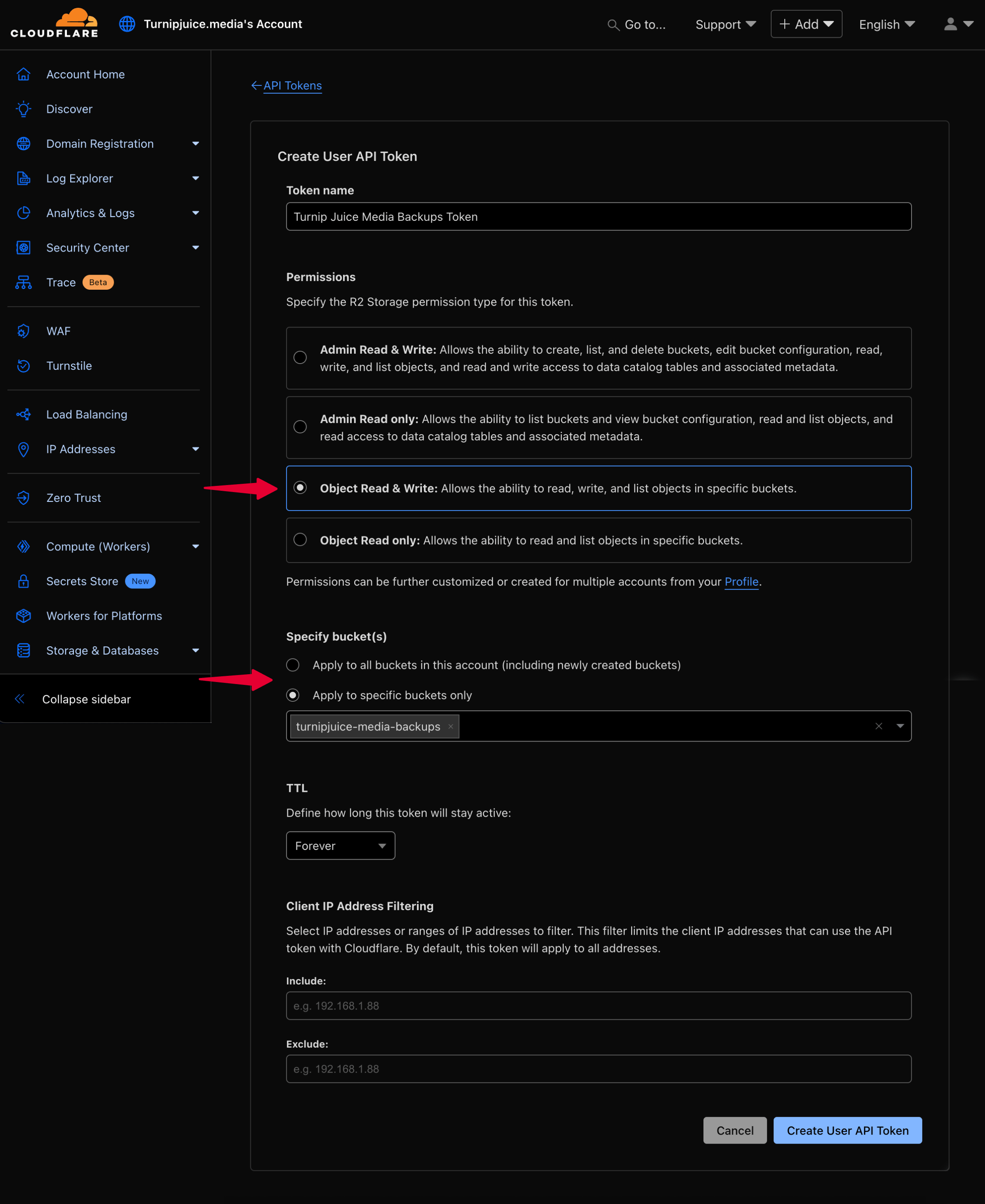 Configuring API token settings in Cloudflare R2 Object Storage