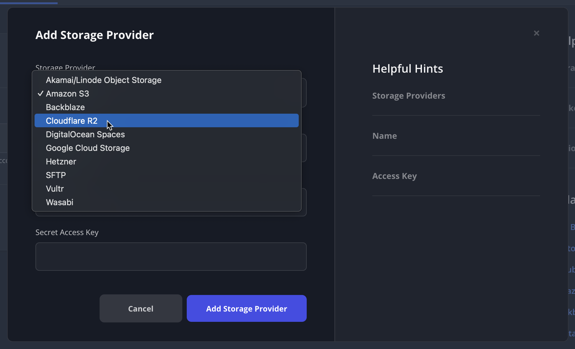 Screenshot of adding Vultr as a backup storage provider in SpinupWP