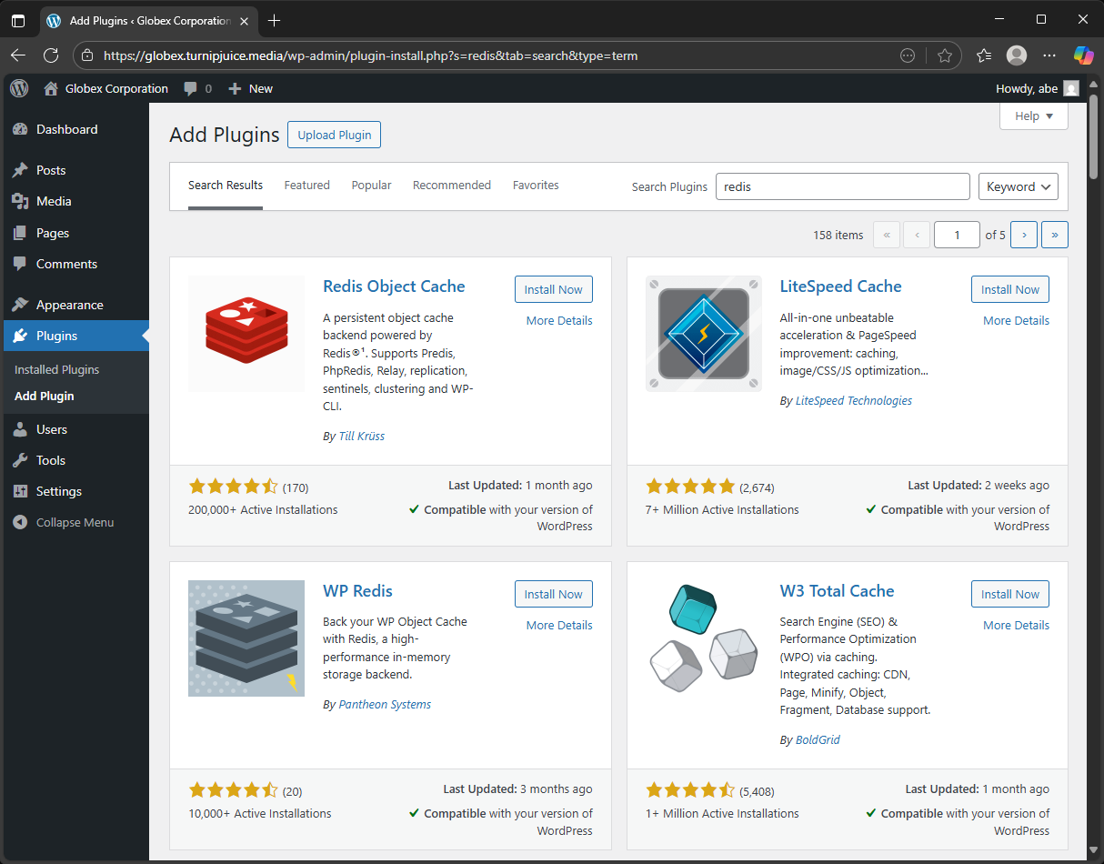 Screenshot of WordPress dashboard plugin search screen.