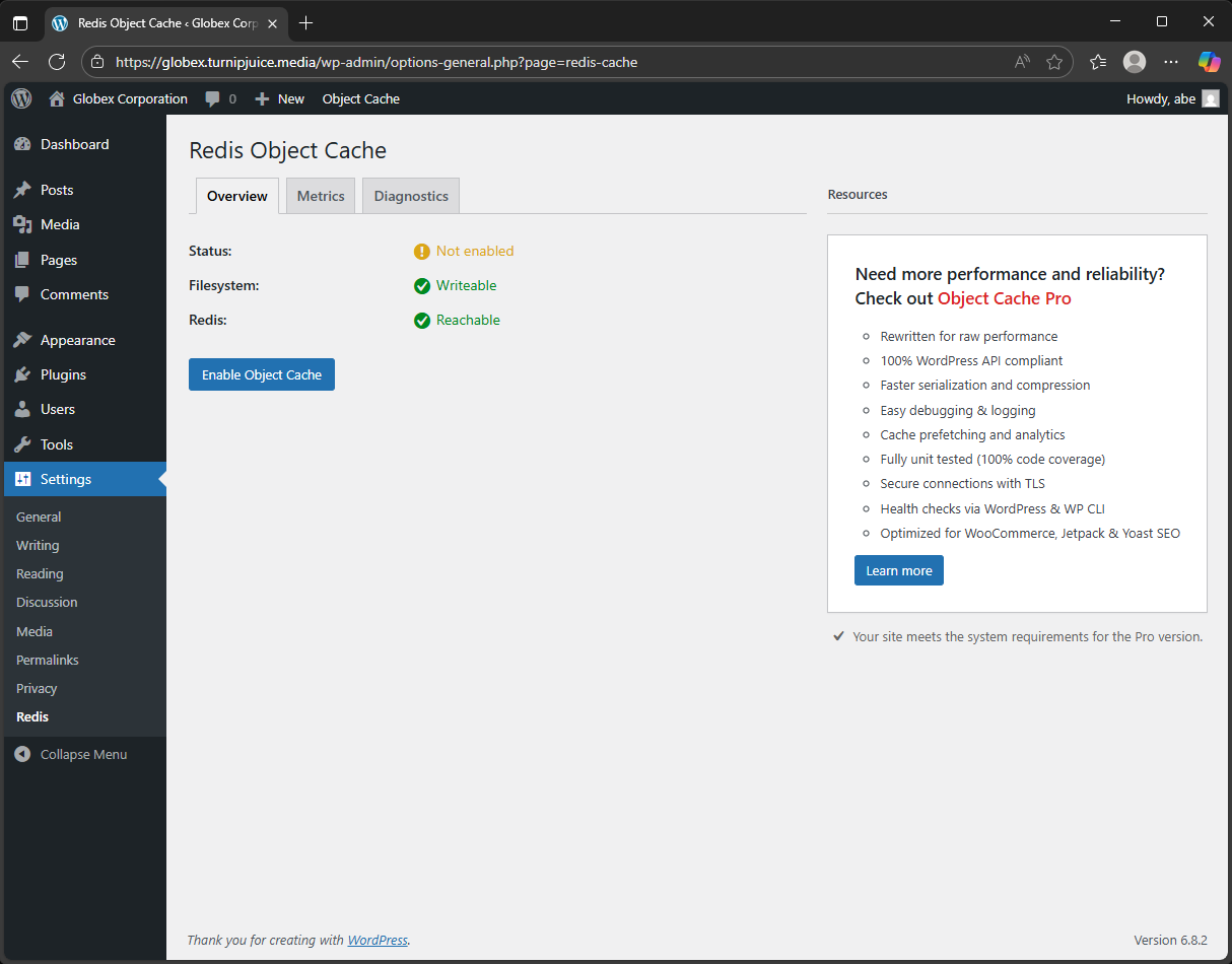 Screenshot of Redis Object Cache plugin settings not yet enabled.