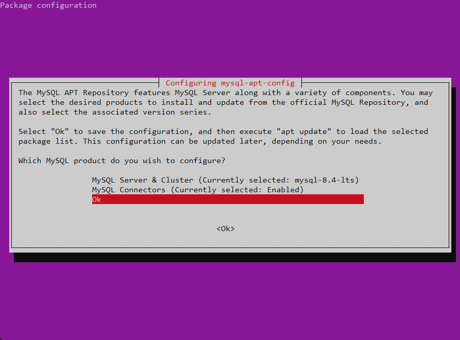 Screenshot of mysql-apt-config settings.