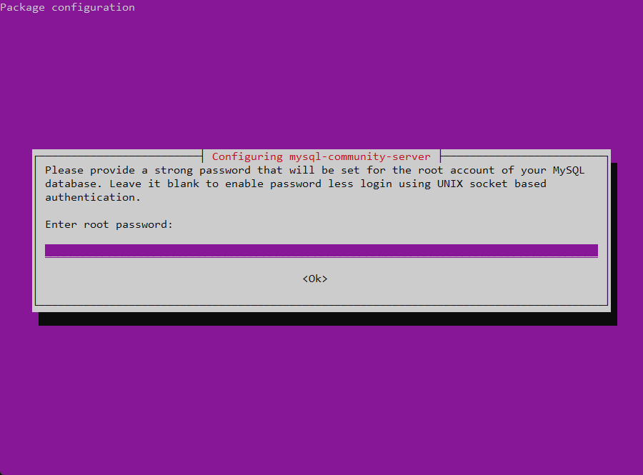 Screenshot of MySQL's root user password prompt.