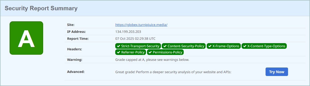 Screenshot of security headers scan showing A grade.