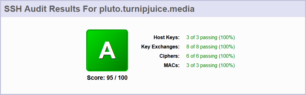 Screenshot showing an A result for a Standard Server Audit by SSH-Audit.
