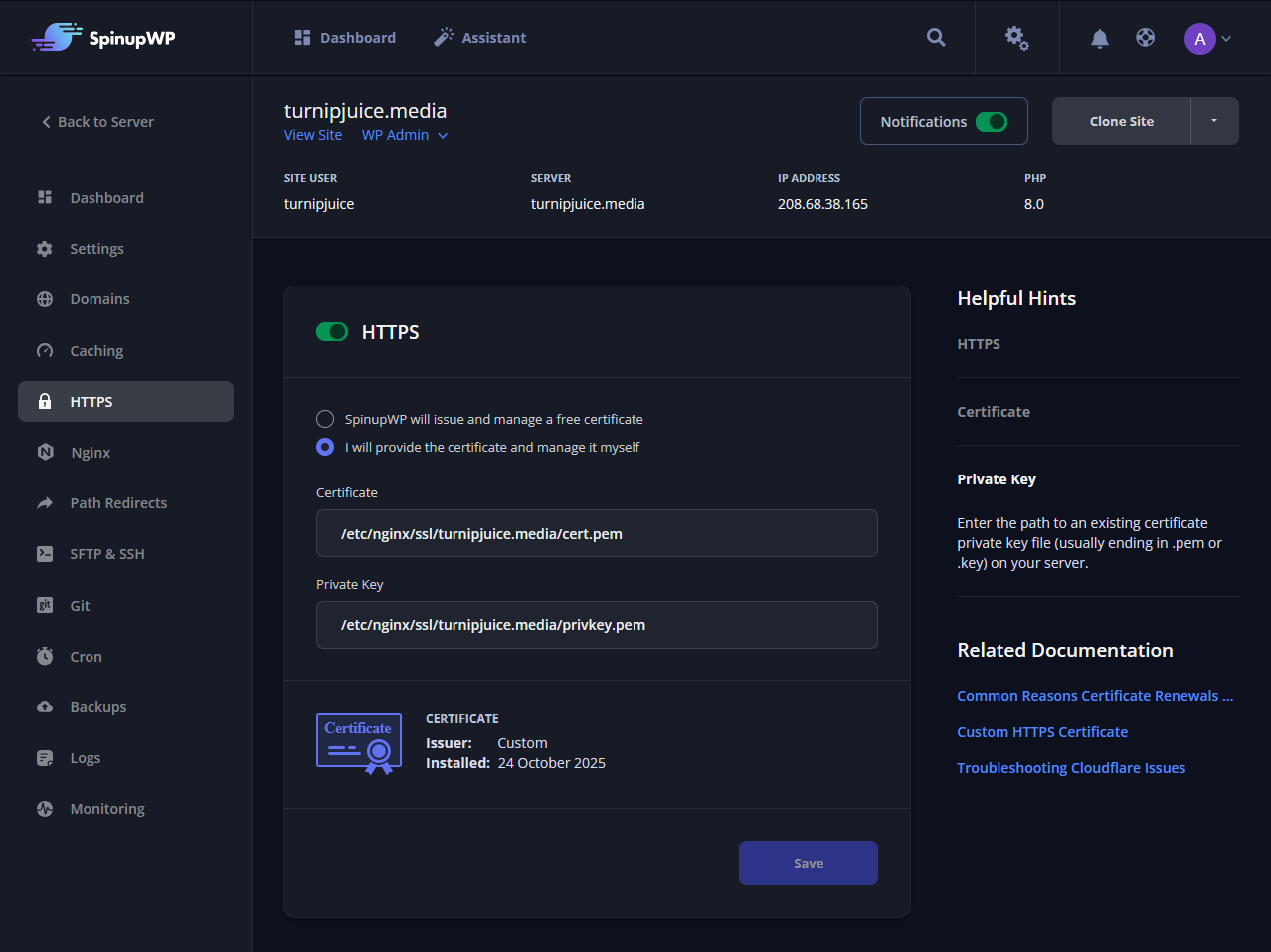 Screenshot showing information about a custom SSL certificate.