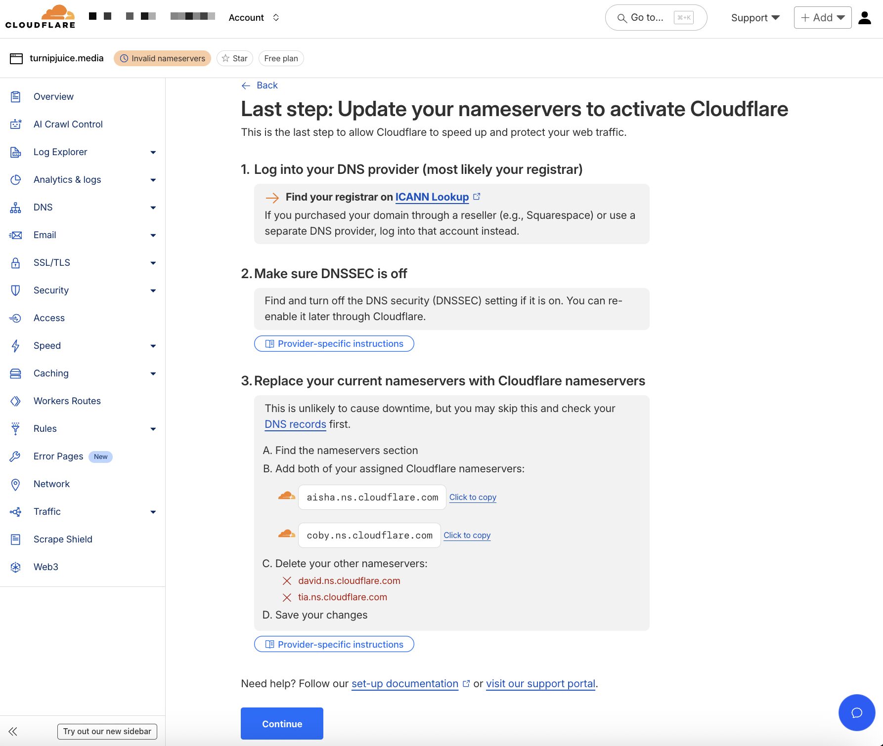Screenshot of changing nameservers in the WordPress Cloudflare plugin setup