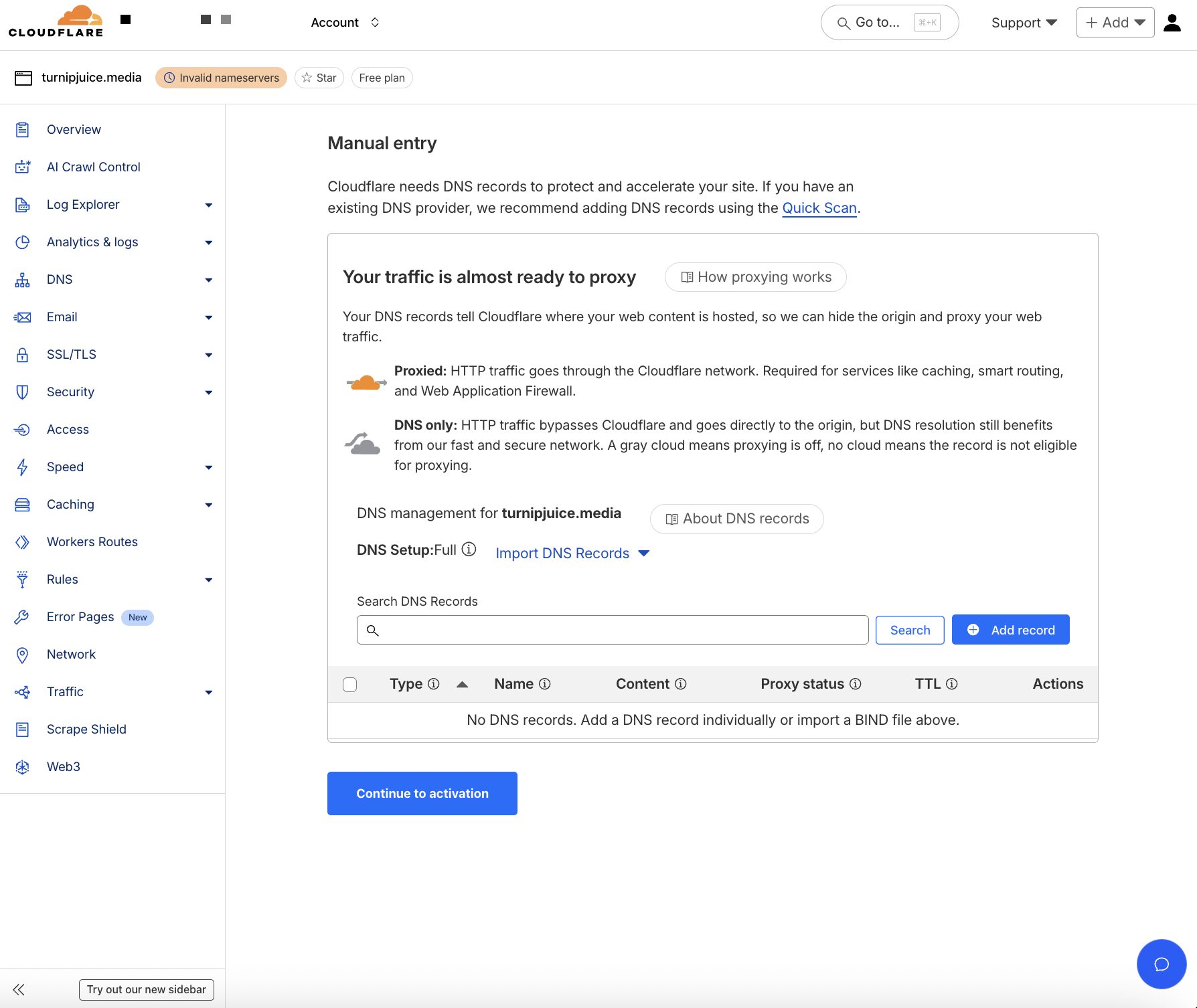 Screenshot of reviewing DNS records in the WordPress Cloudflare plugin setup