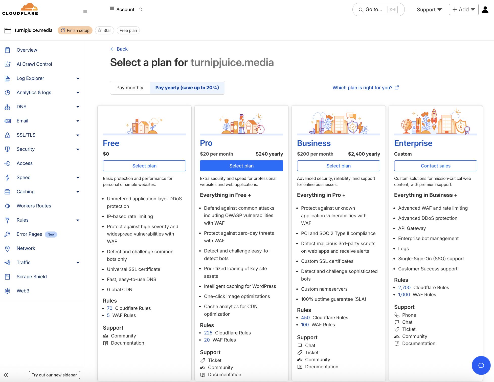 Screenshot of selecting a plan in the WordPress Cloudflare plugin setup process.