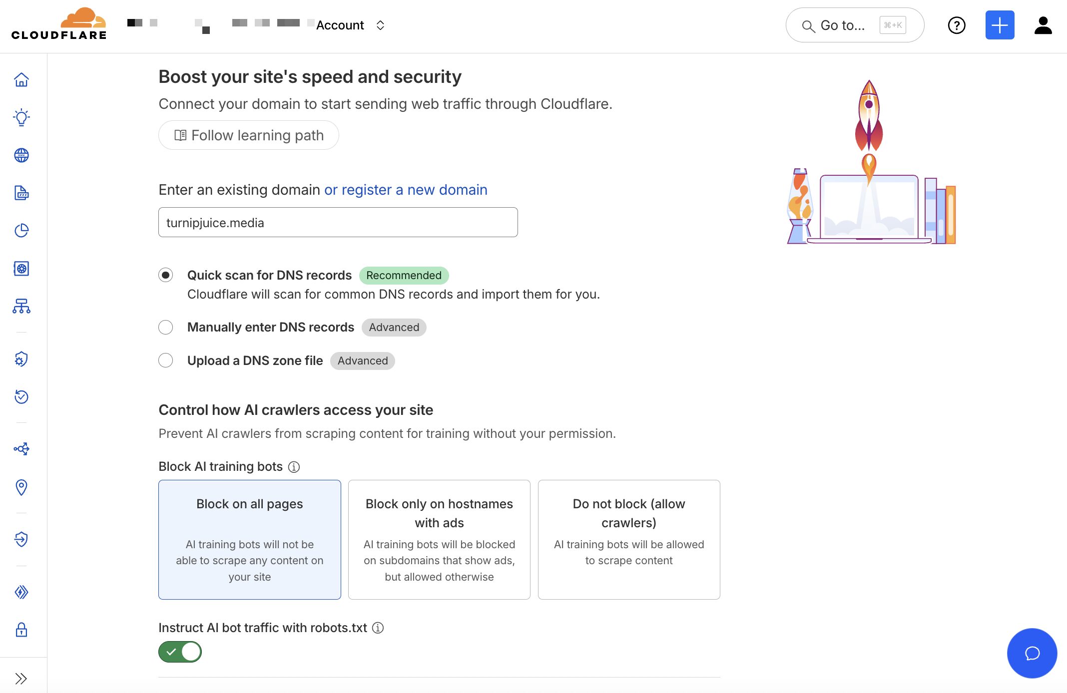 Screenshot of adding a site to Cloudflare in the WordPress Cloudflare plugin setup