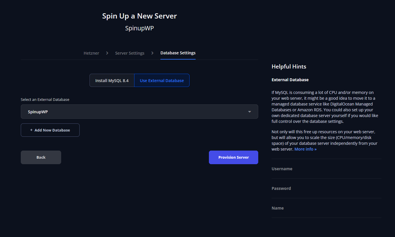 Screenshot displaying the "Select External Database" option.