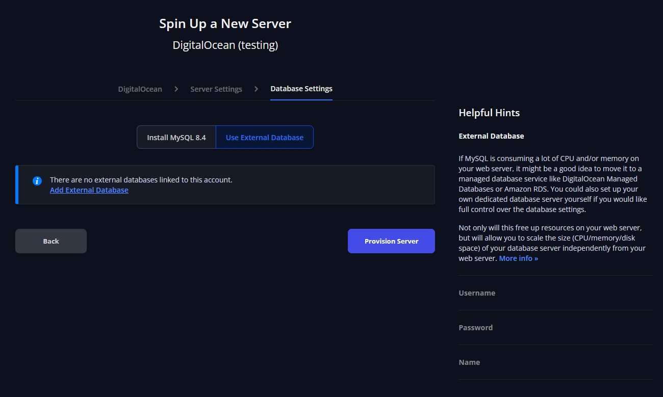 Screenshot displaying the "Select External Database" window with no external databases available.