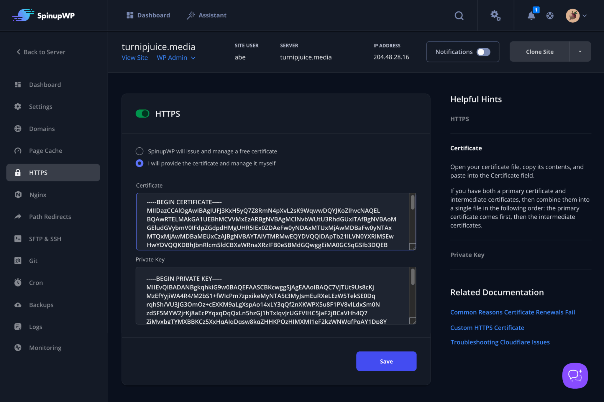 Custom HTTPS Certificate - SpinupWP