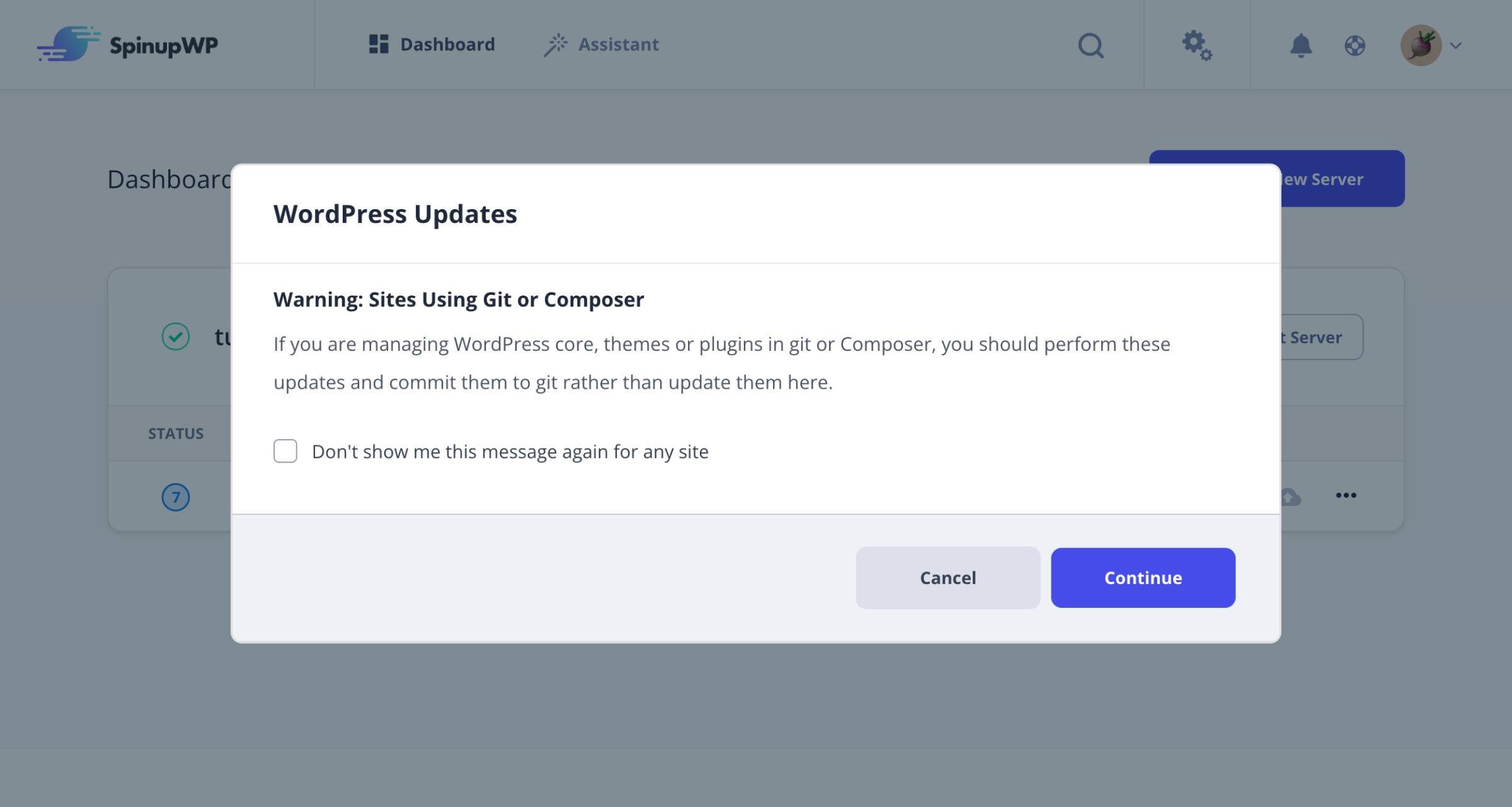 WordPress update modal - Git/composer warning