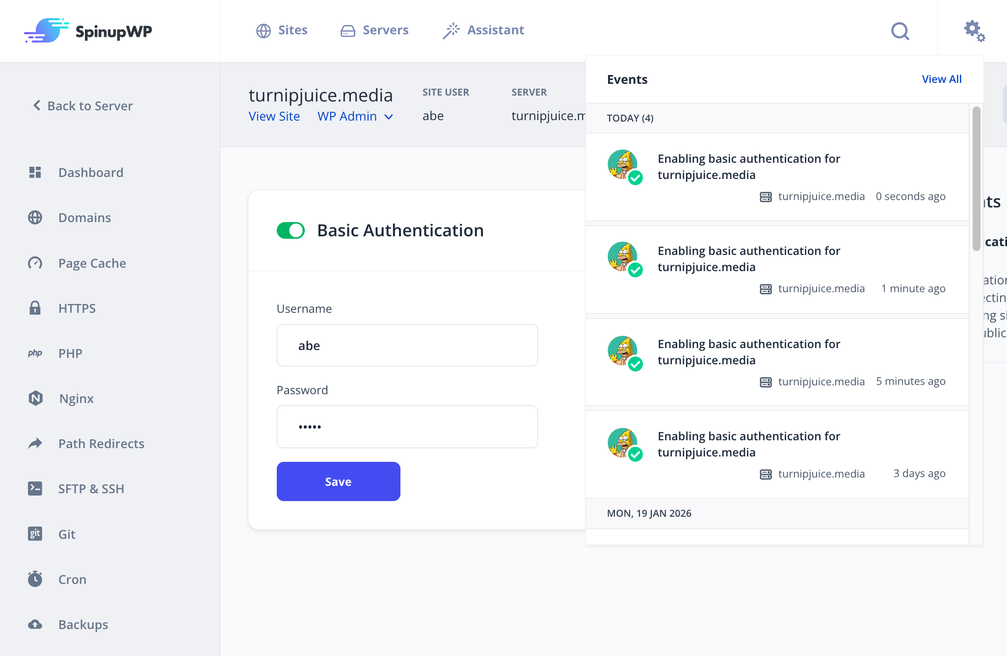 Basic auth displayed in events panel