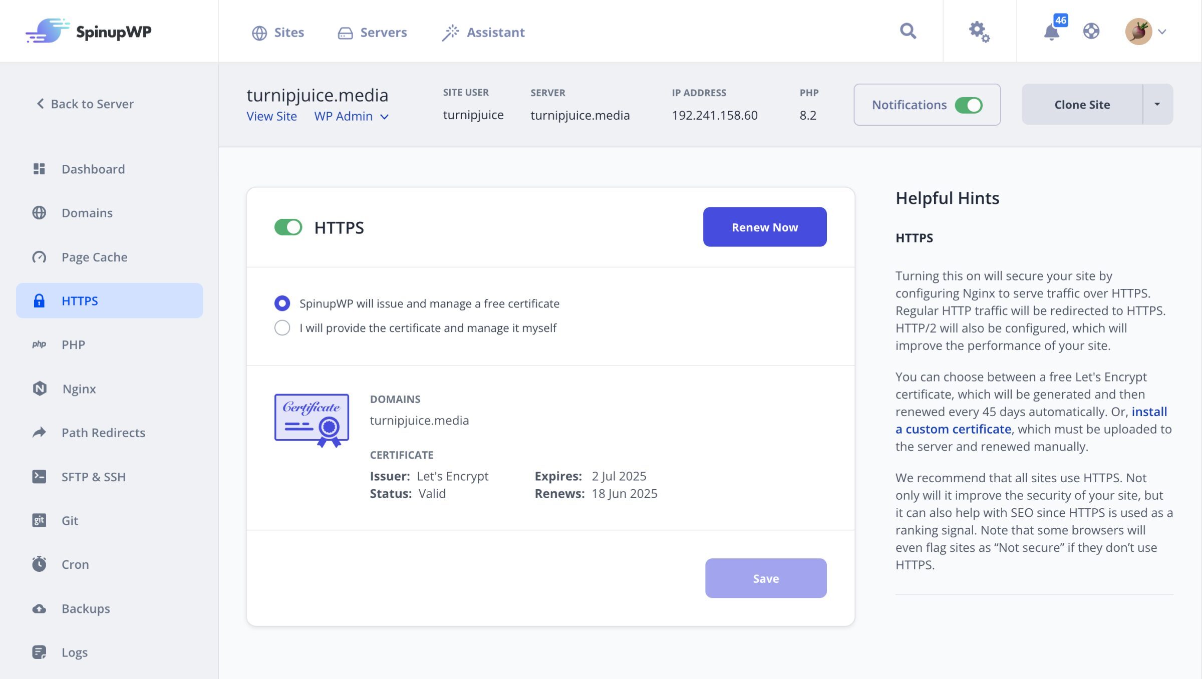 HTTPS screen in SpinupWP