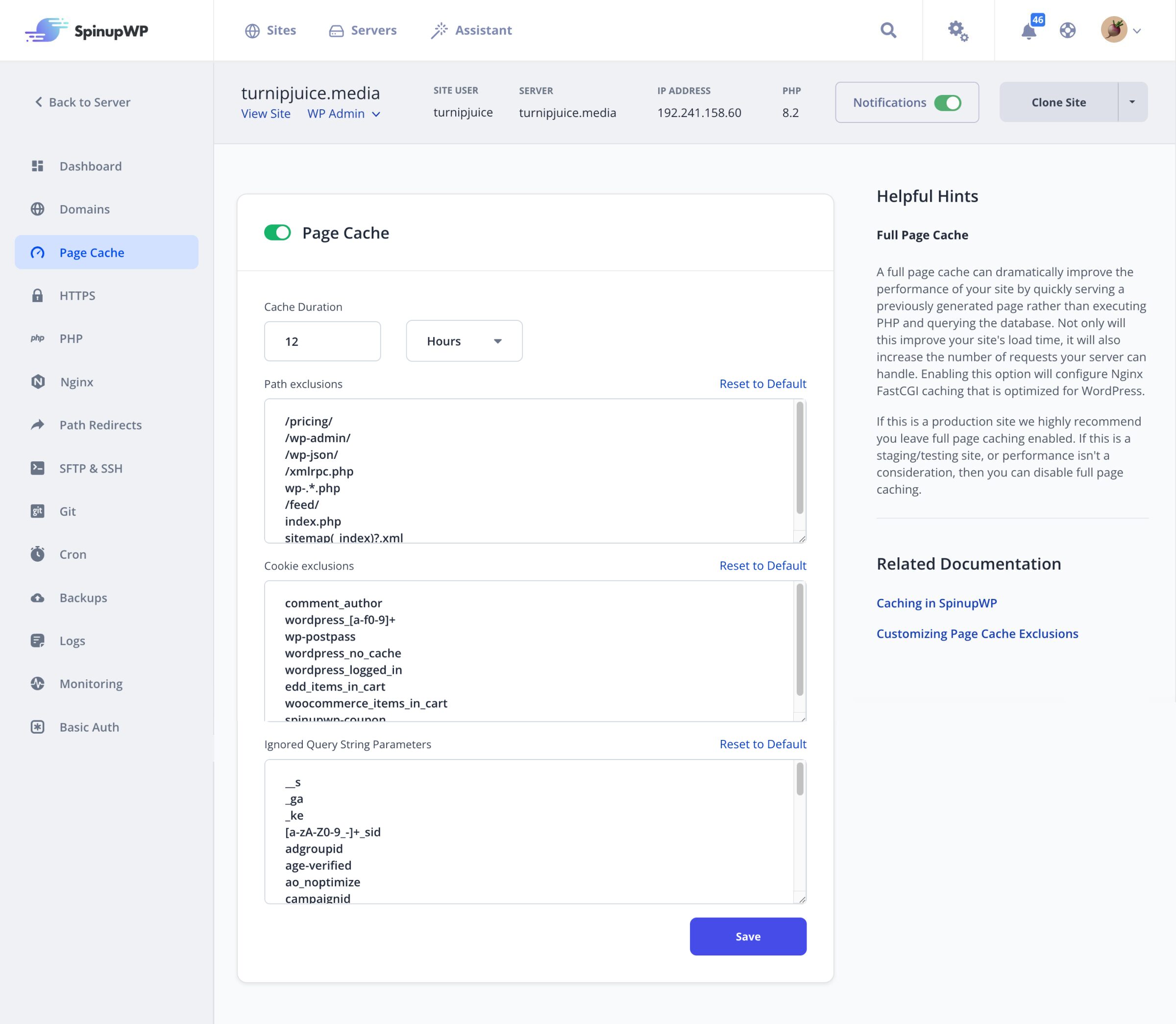 Page Cache Settings in SpinupWP