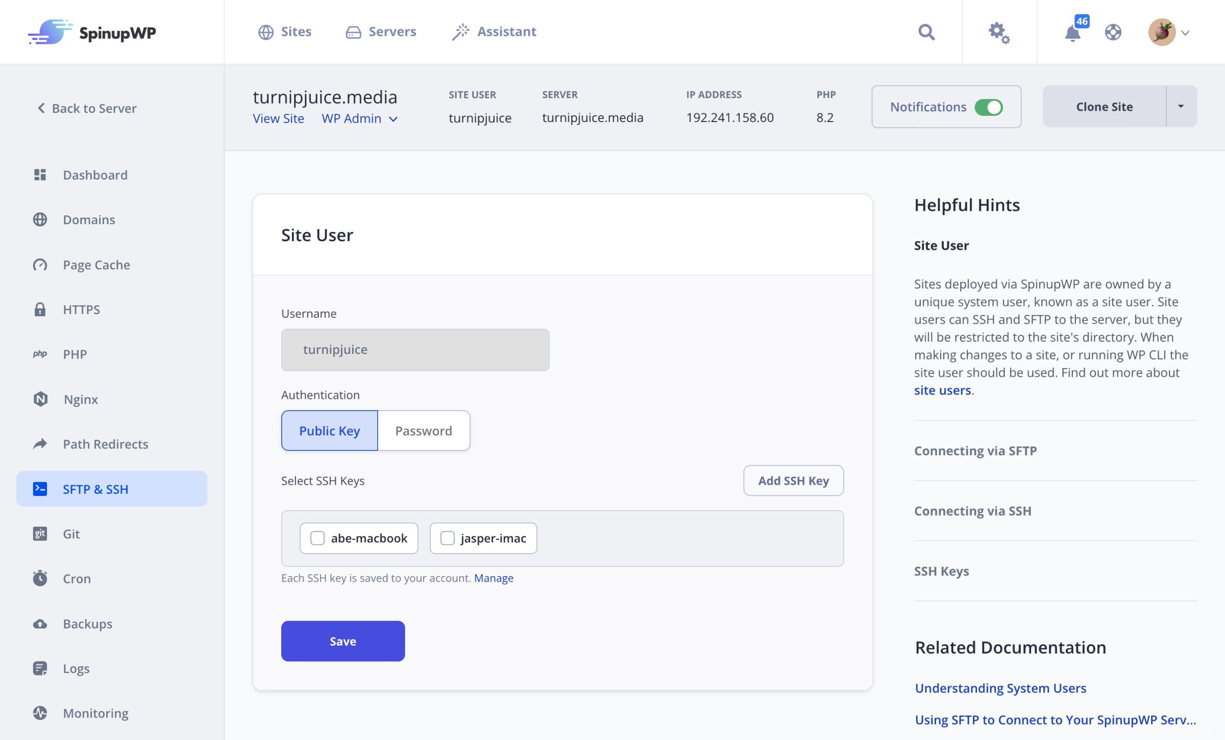 SFTP/SSH Settings in SpinupWP