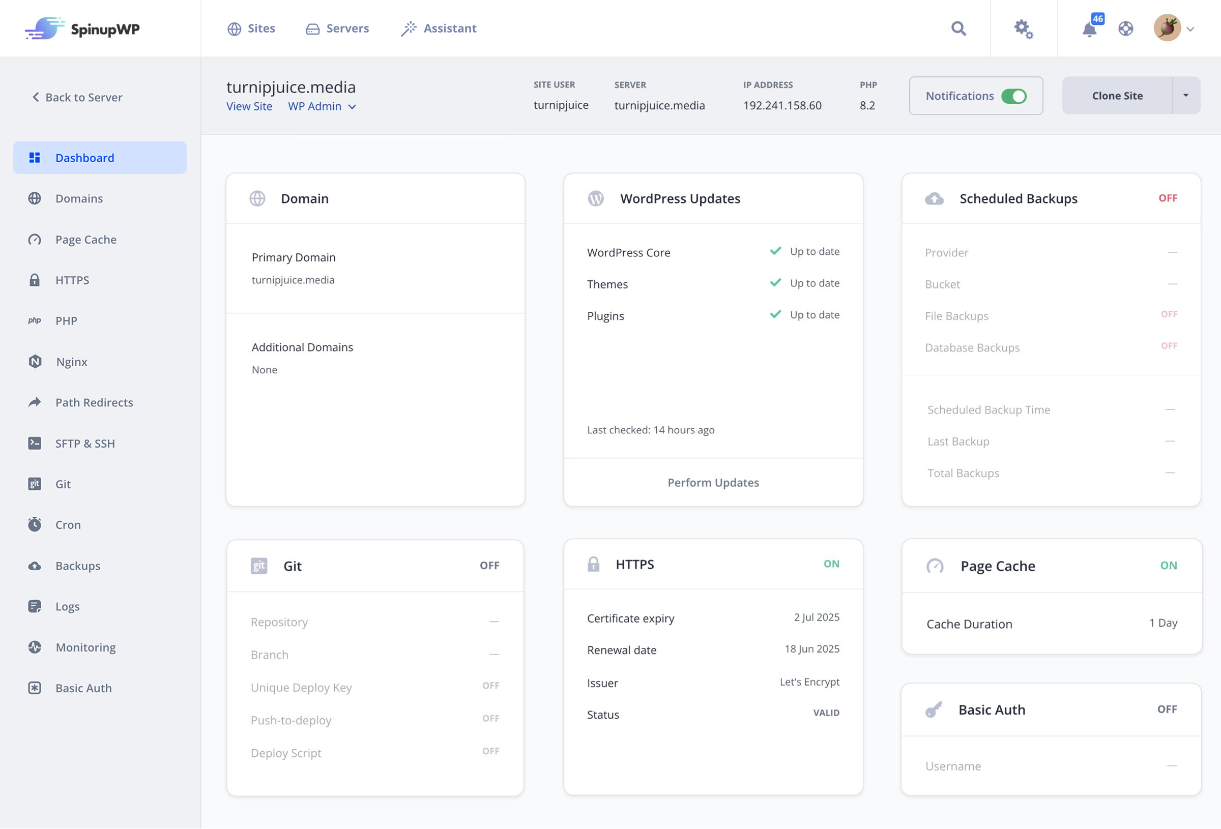 The Site dashboard in SpinupWP