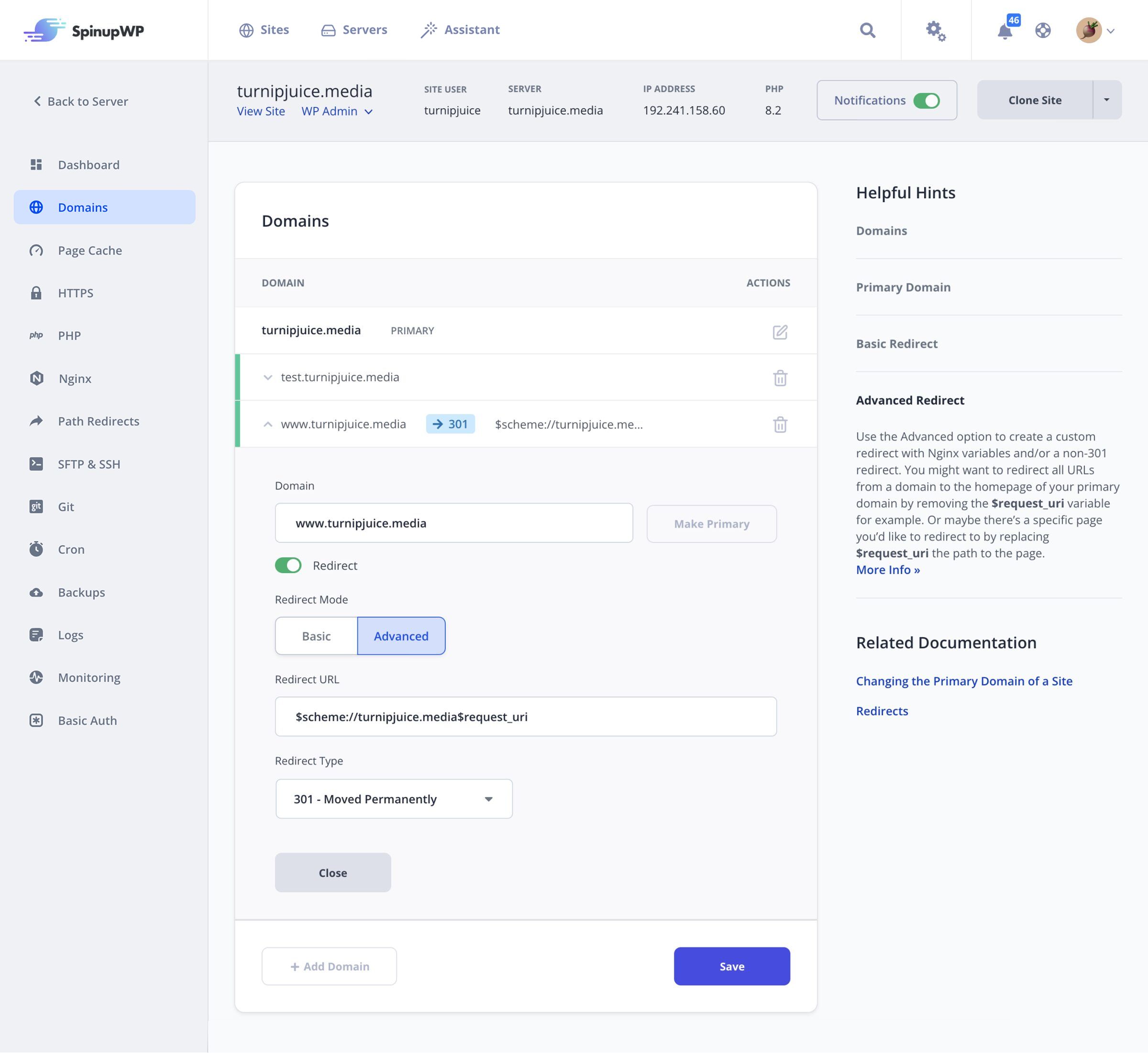 Domain Settings in SpinupWP