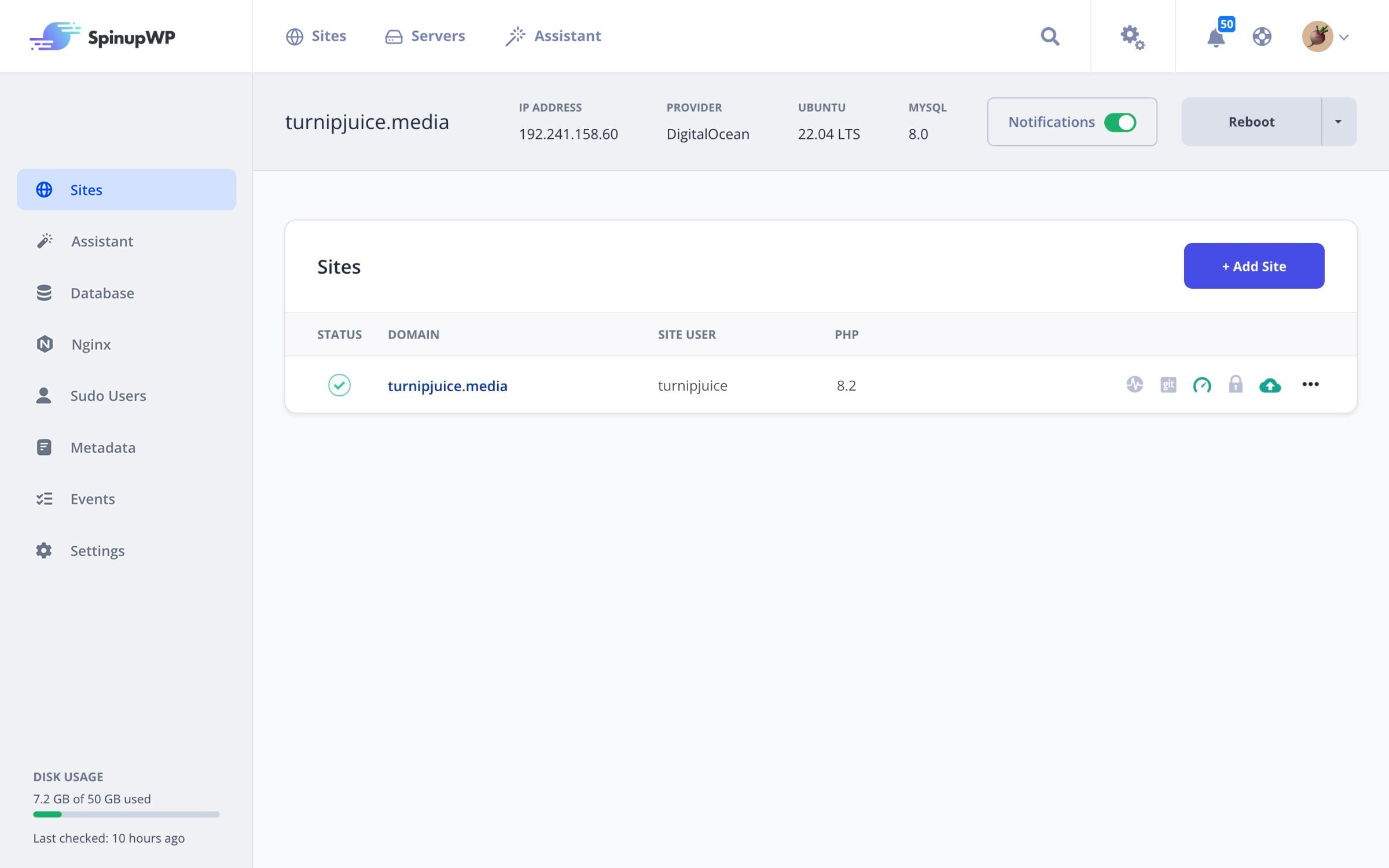 The Sites screen in SpinupWP
