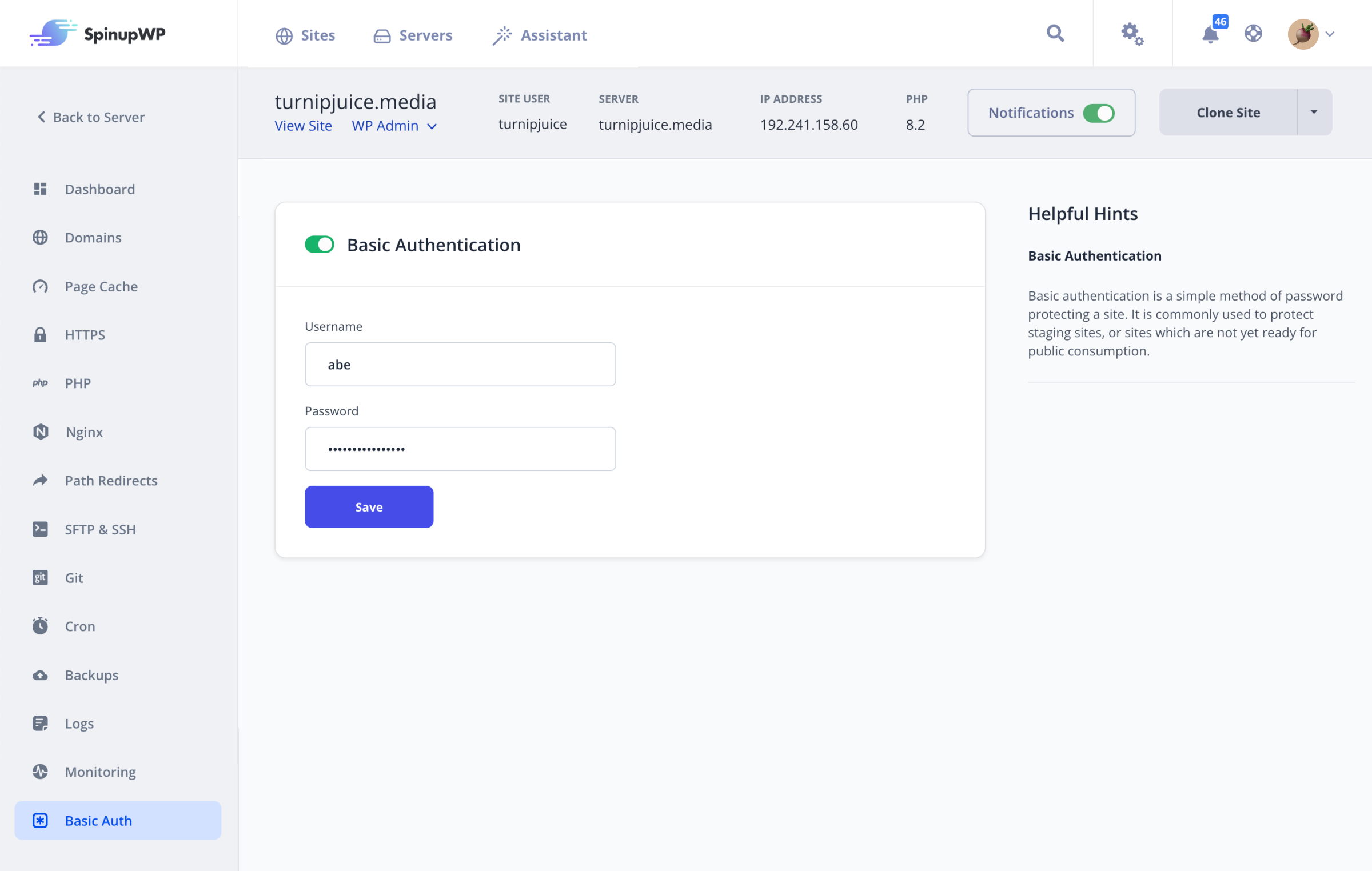 Basic Auth settings in SpinupWP