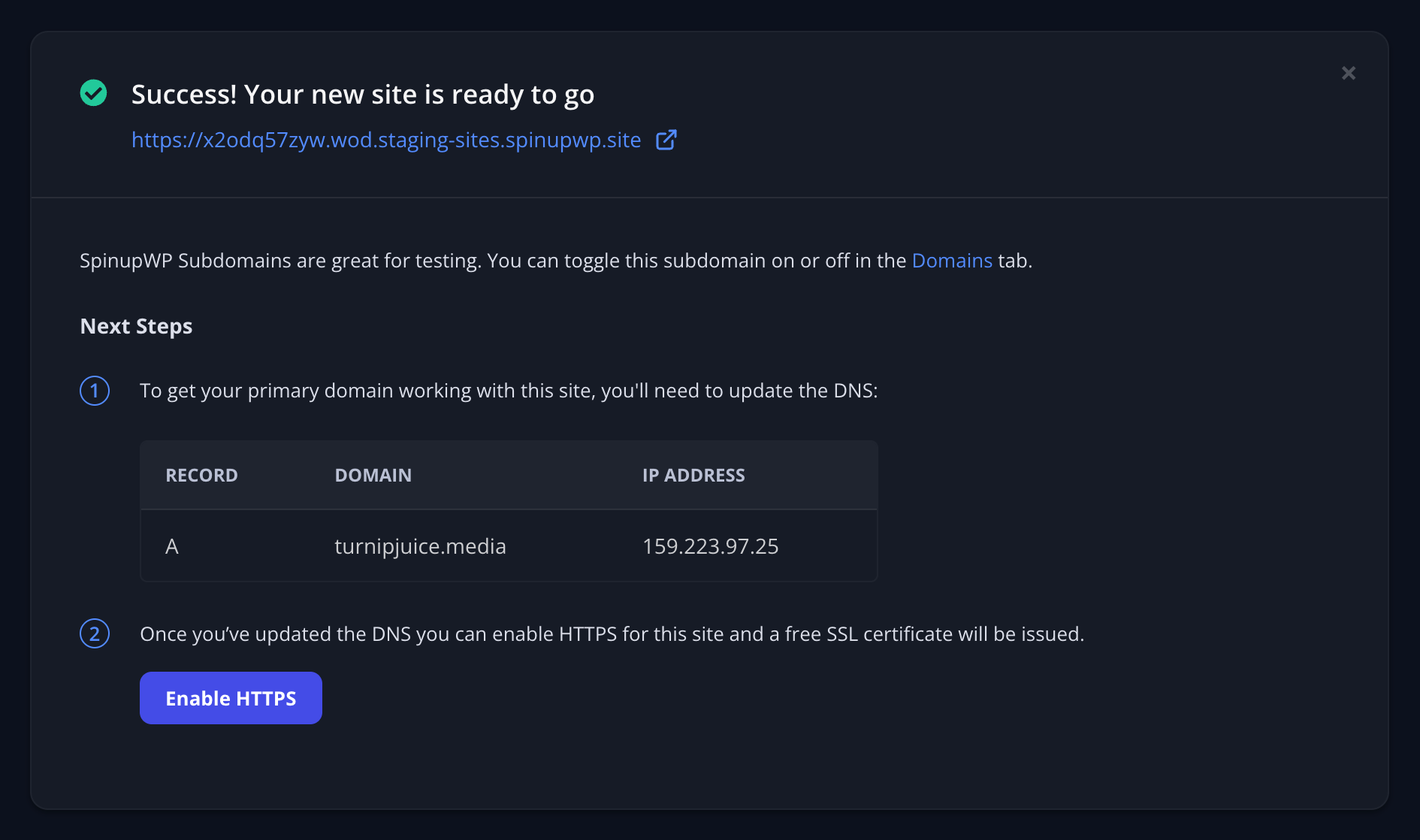The success state after creating a site in SpinupWP with an enabled subdomain