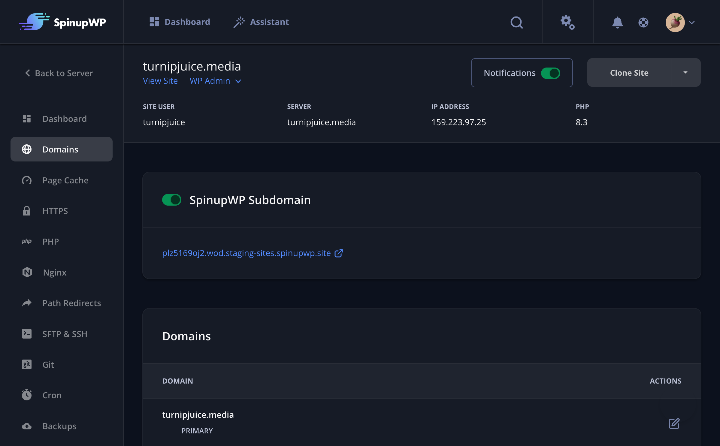Subdomain enabled in SpinupWP