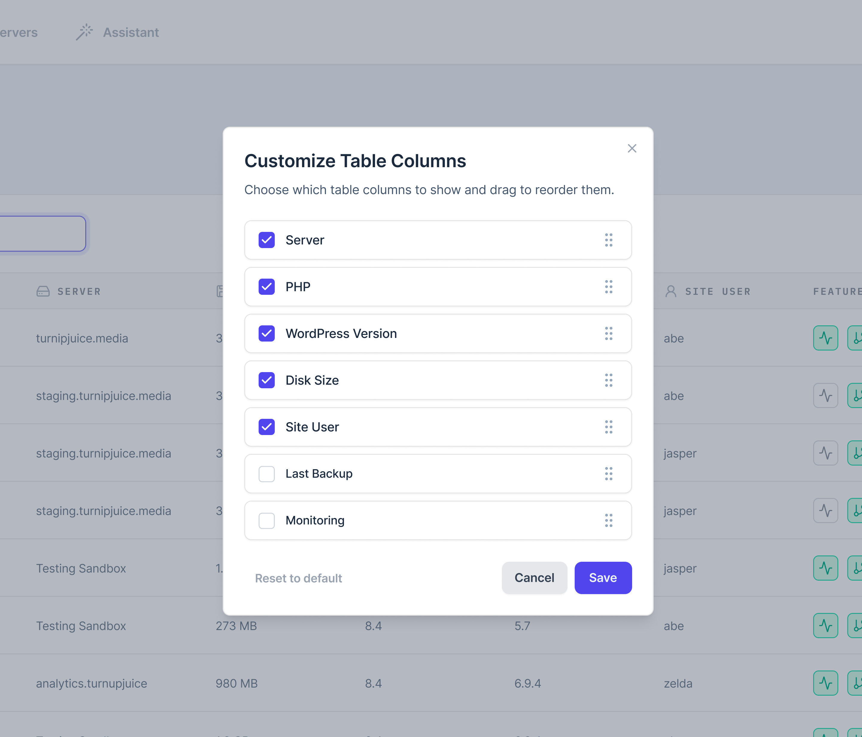 Customizing table columns on the Sites dashboard