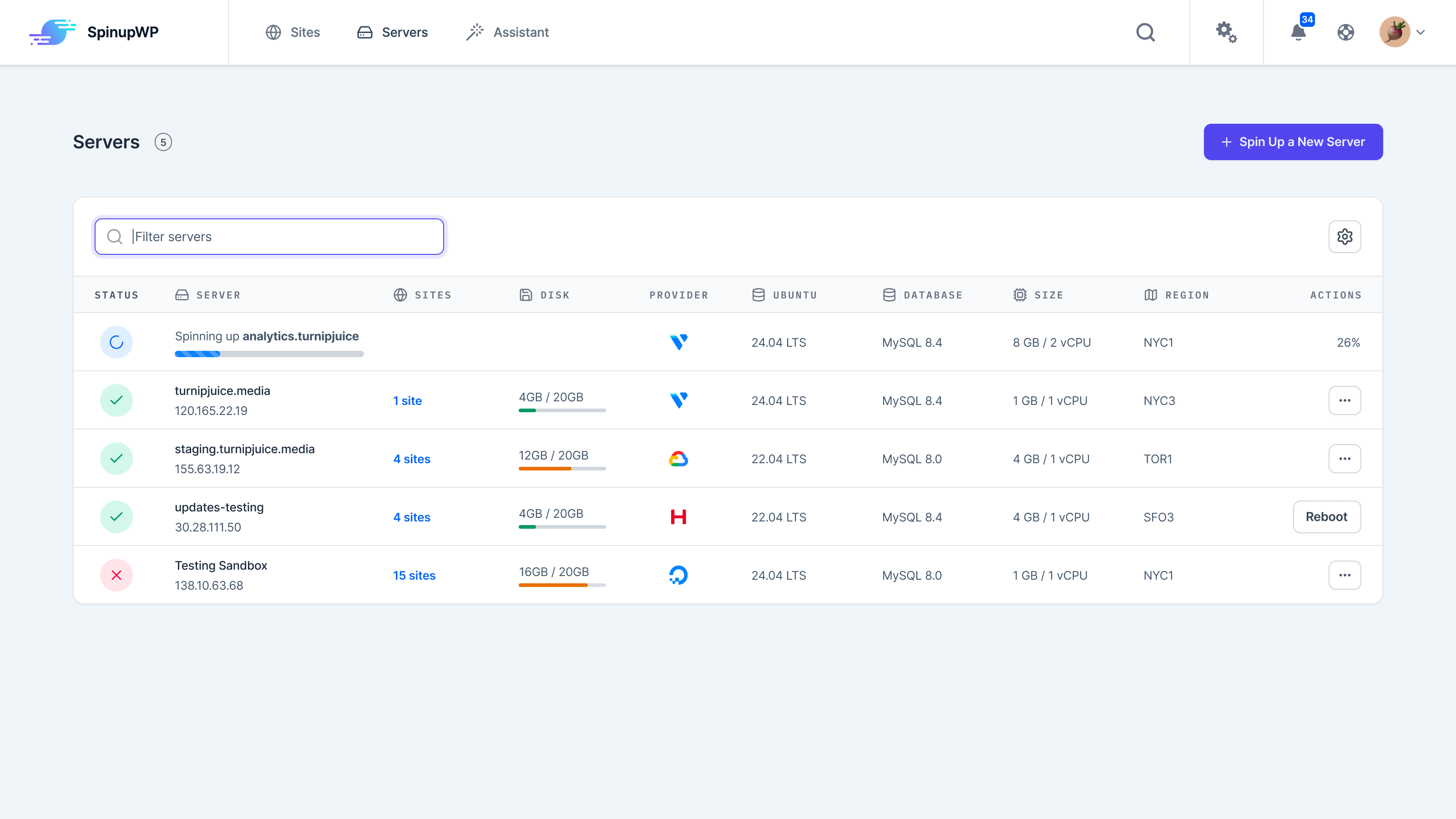 The Servers dashboard