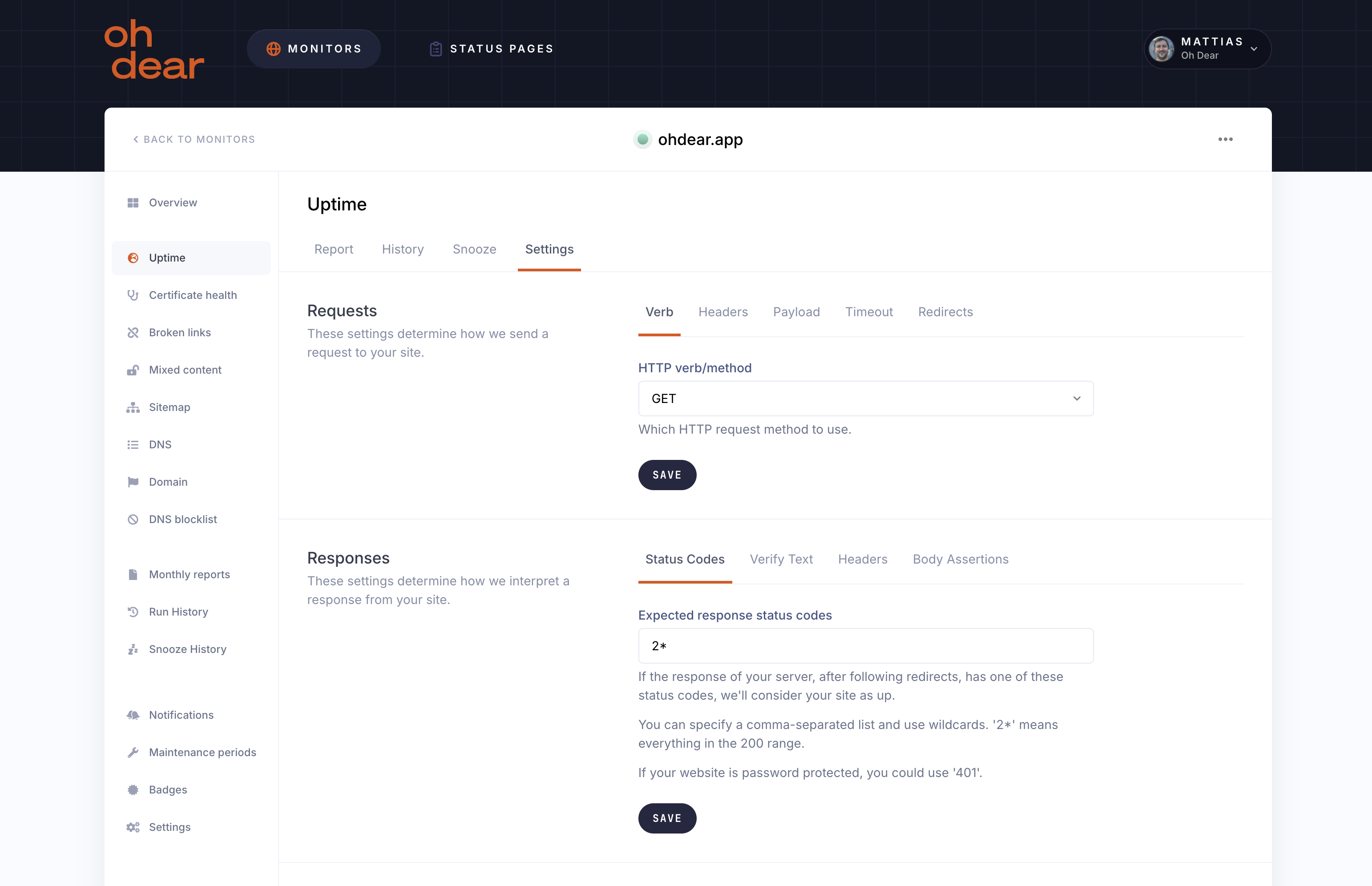 Uptime Settings in the Oh Dear dashboard