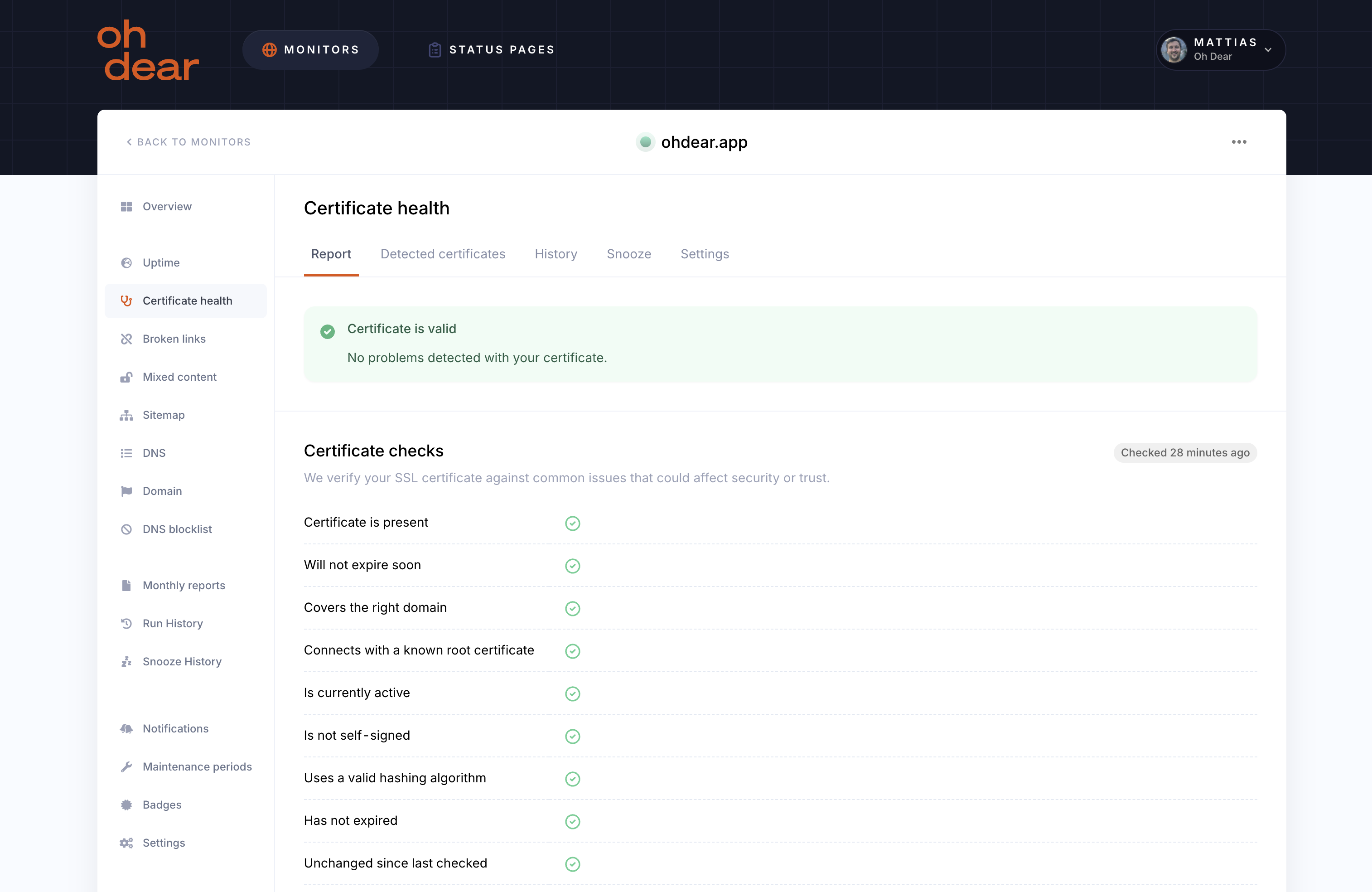 A valid certificate report in the Oh Dear dashboard