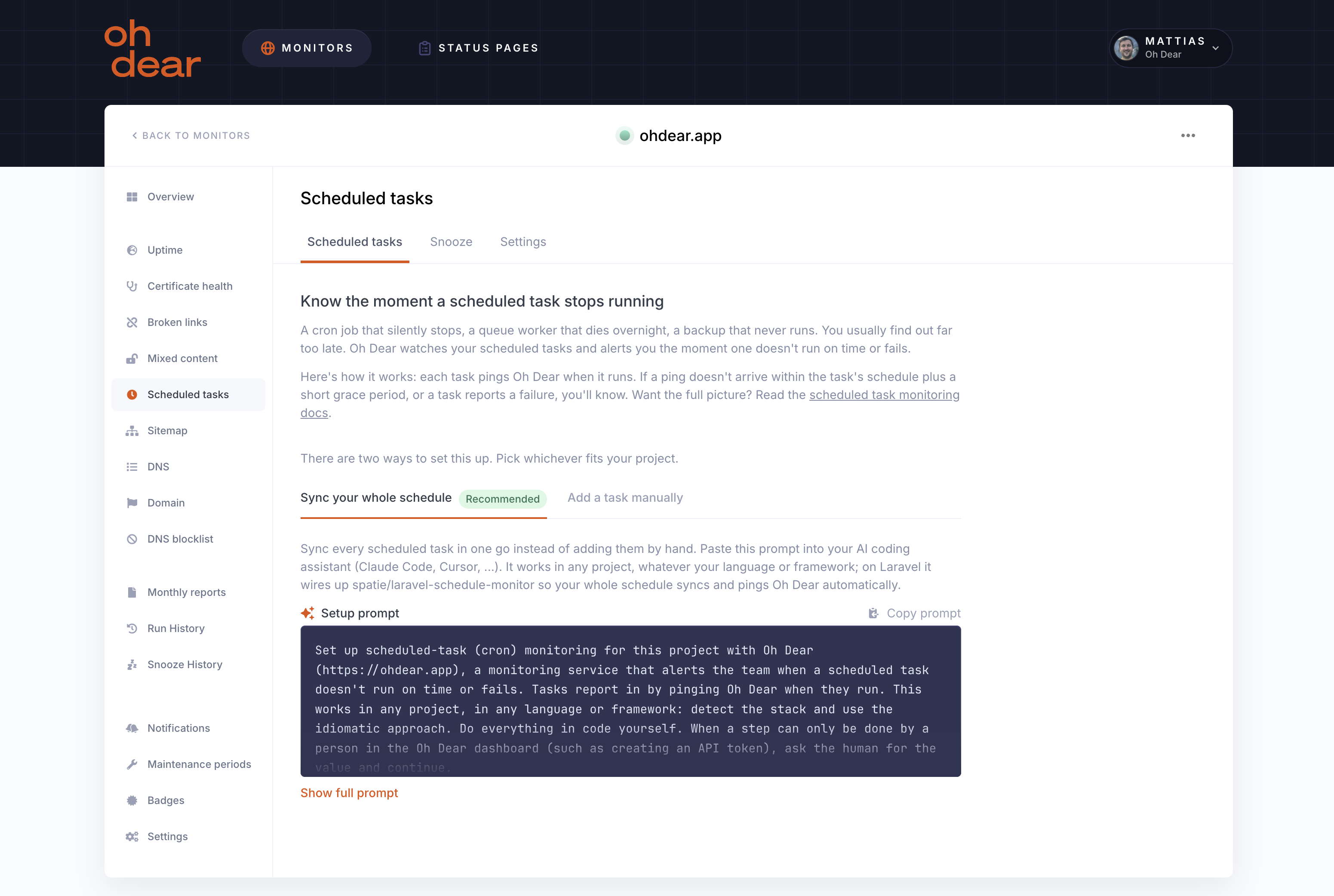 Scheduled tasks in the Oh Dear dashboard